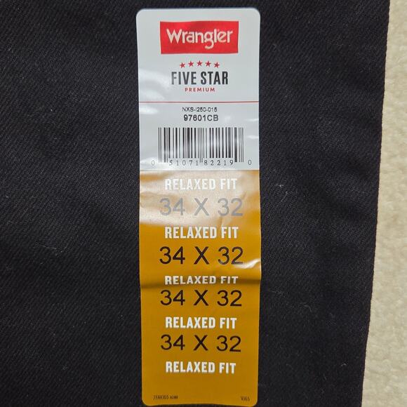 NWT Men's Wrangler 34x32 Five Star Relaxed Fit Straight Leg Black Denim Jeans - Picture 7 of 11
